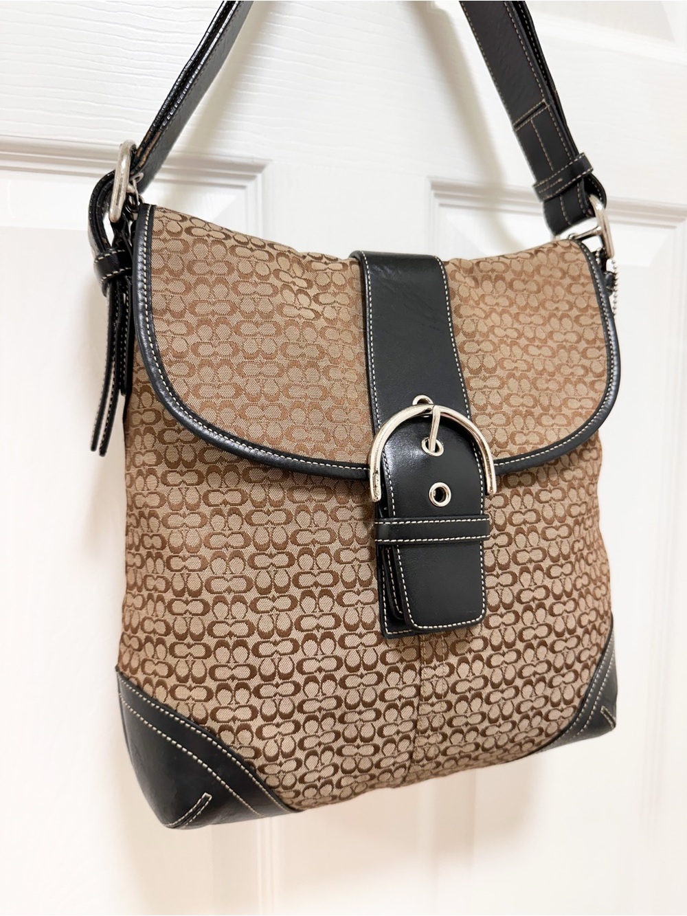Vintage Coach Soho Signature Flap Medium Shoulder Hobo Bag Brown Jacquard 6377 - Picture 4 of 13